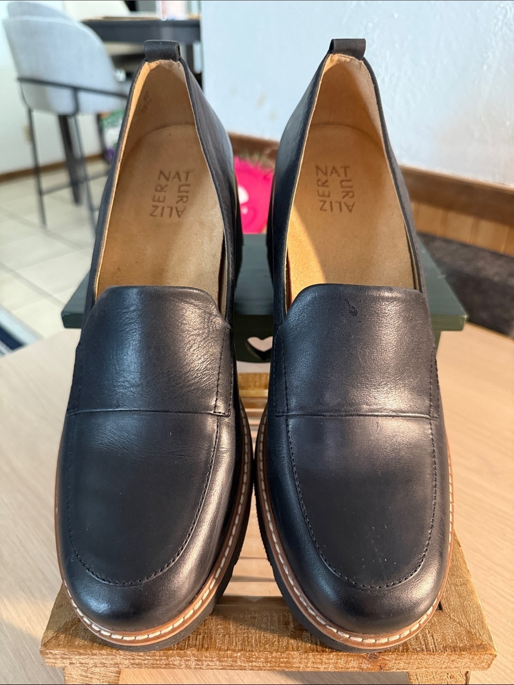 Naturalizer Black Leather Slip-On Loafers with Brown Trim